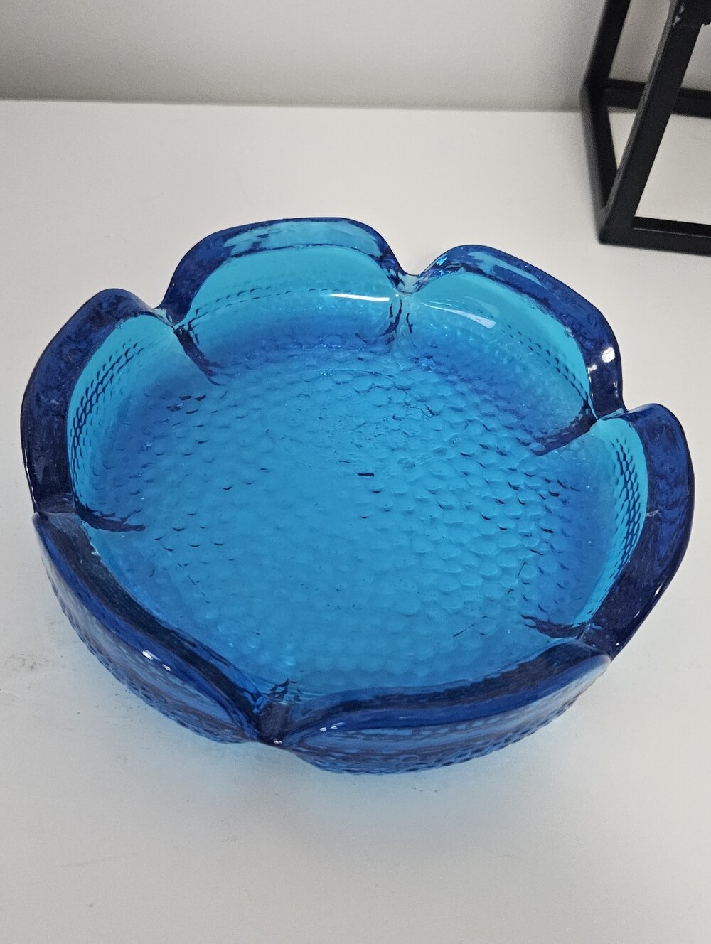 Vintage Blenko Blue Glass Ashtray Trinket Dish Pebbled Lotus